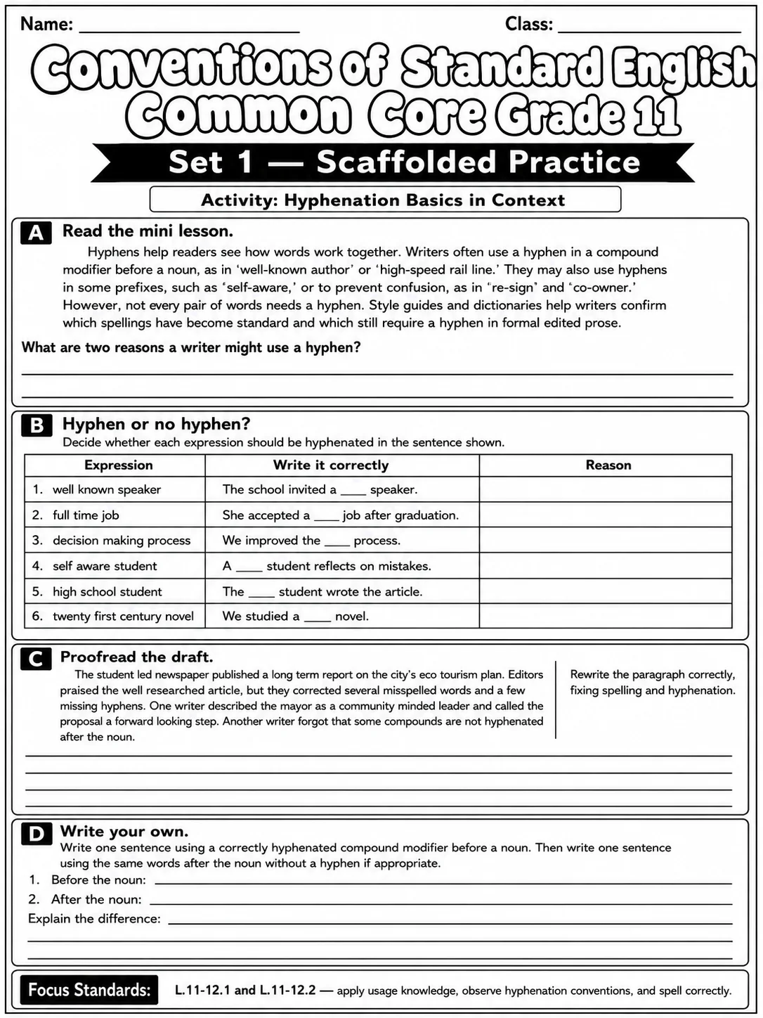 Conventions of Standard English Common Core Grade 11 page 2 printable Common Core ELA worksheet preview