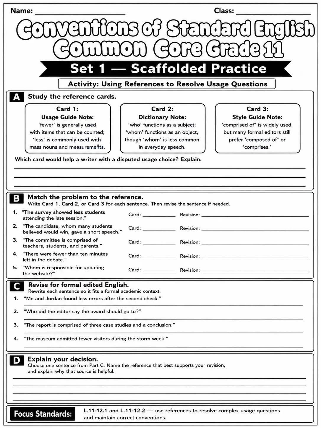 Conventions of Standard English Common Core Grade 11 page 3 printable Common Core ELA worksheet preview