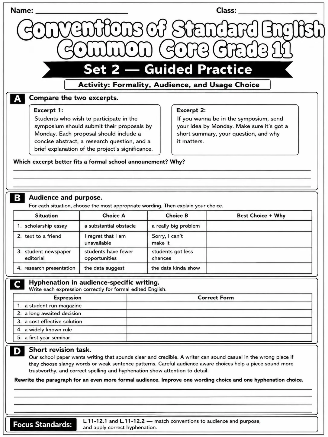 Conventions of Standard English Common Core Grade 11 page 4 printable Common Core ELA worksheet preview