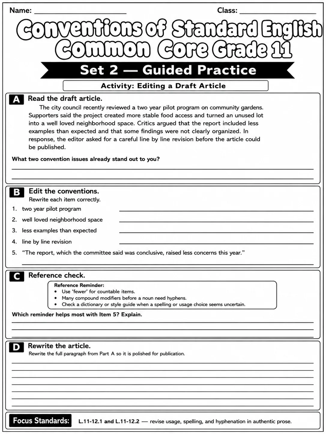Conventions of Standard English Common Core Grade 11 page 5 printable Common Core ELA worksheet preview