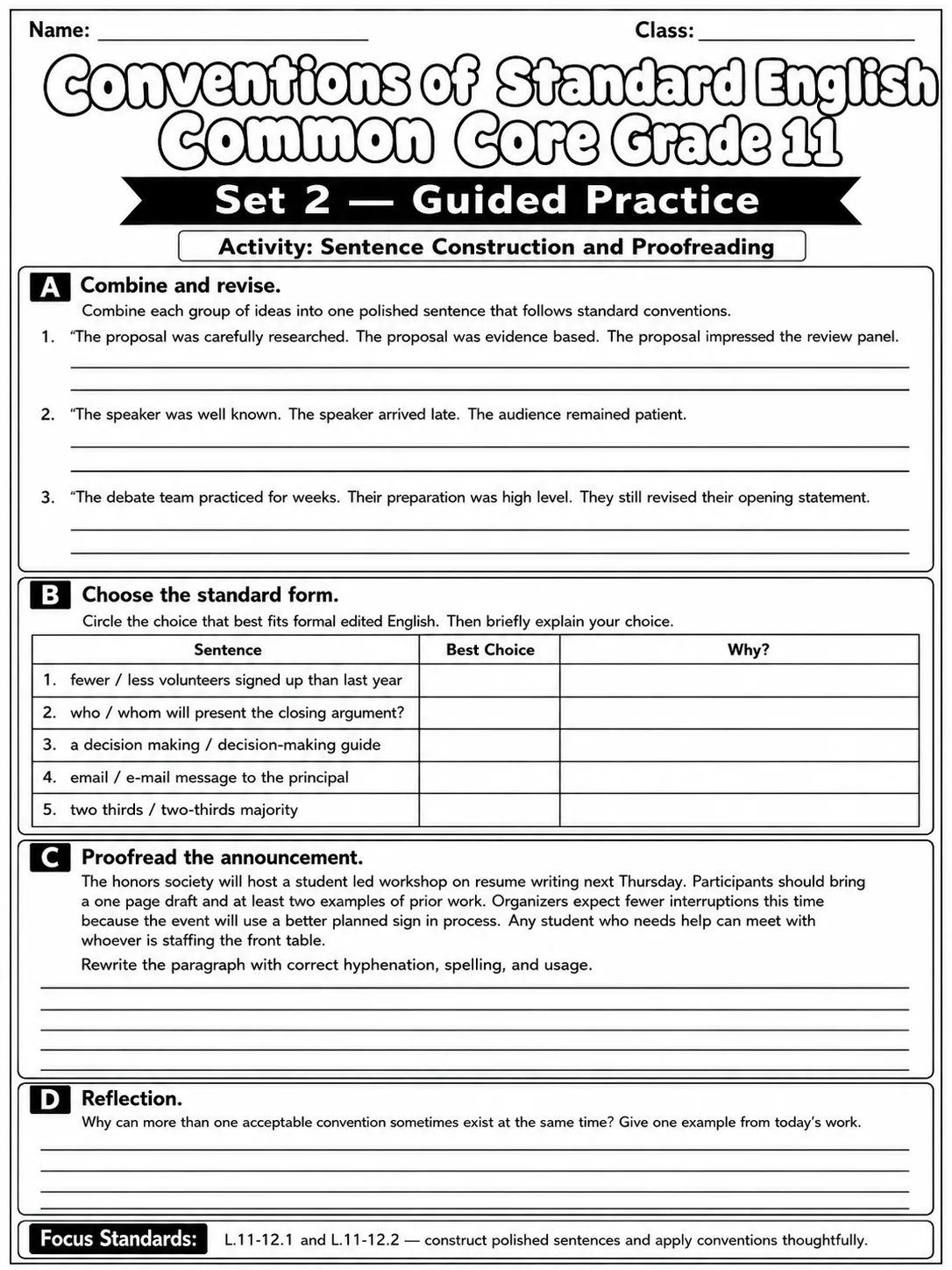 Conventions of Standard English Common Core Grade 11 page 6 printable Common Core ELA worksheet preview