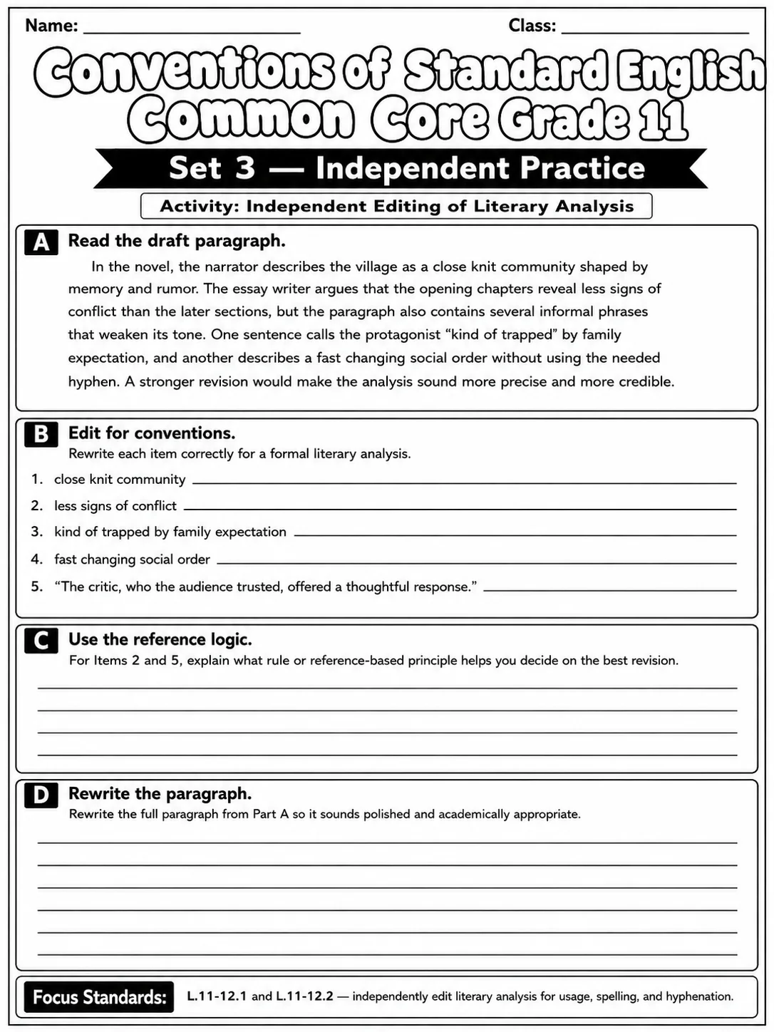 Conventions of Standard English Common Core Grade 11 page 7 printable Common Core ELA worksheet preview