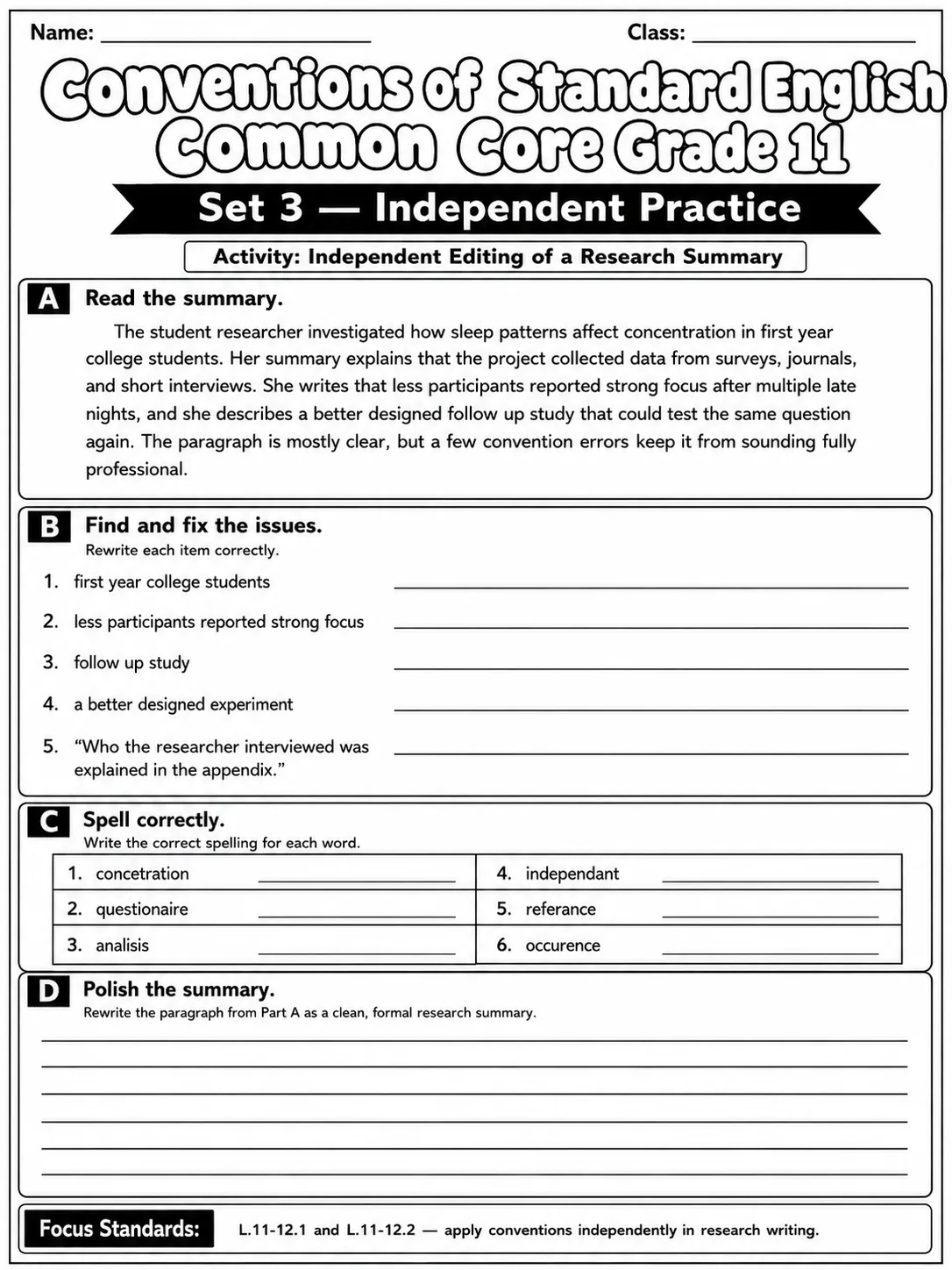 Conventions of Standard English Common Core Grade 11 page 8 printable Common Core ELA worksheet preview