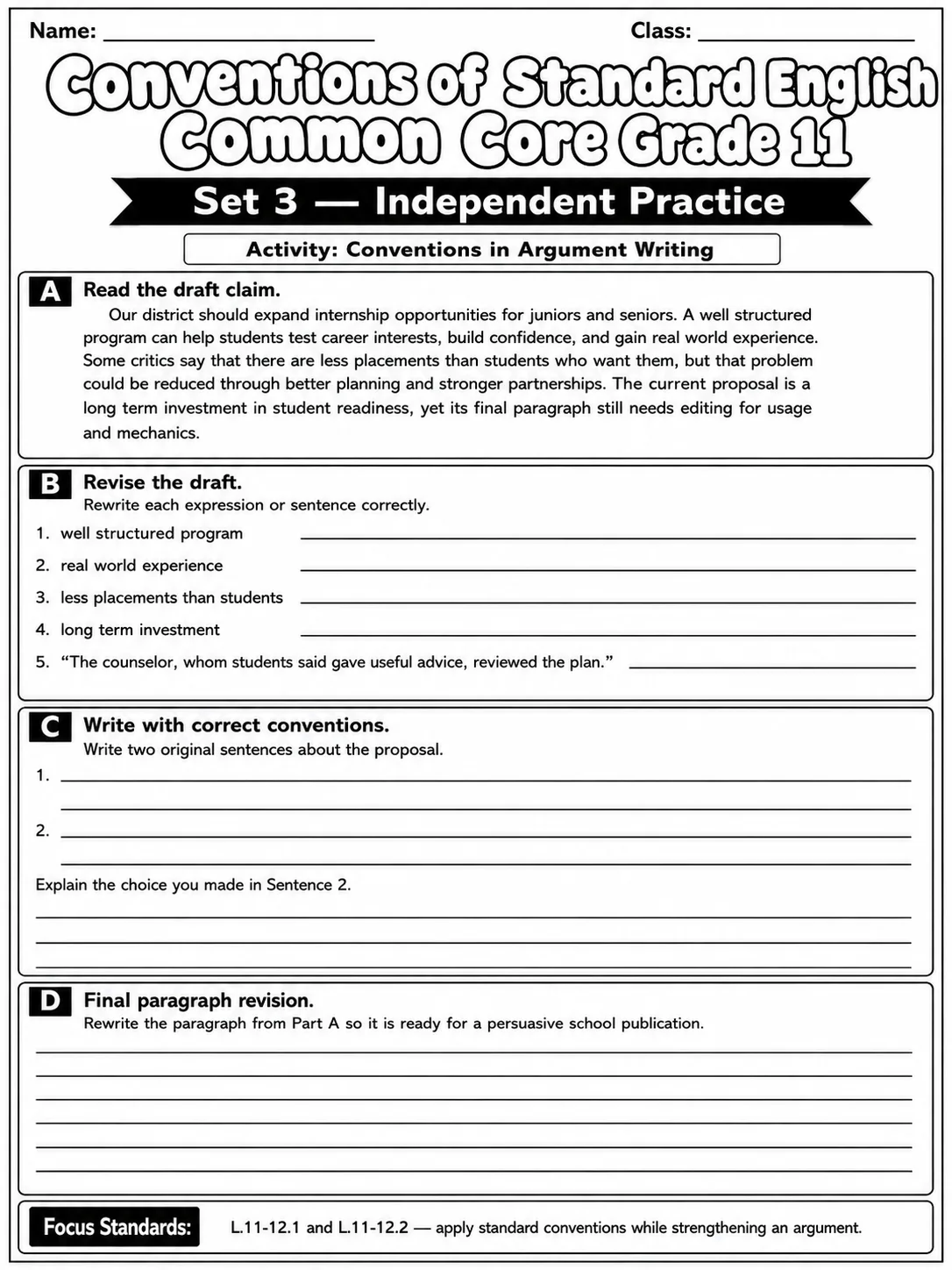 Conventions of Standard English Common Core Grade 11 page 9 printable Common Core ELA worksheet preview