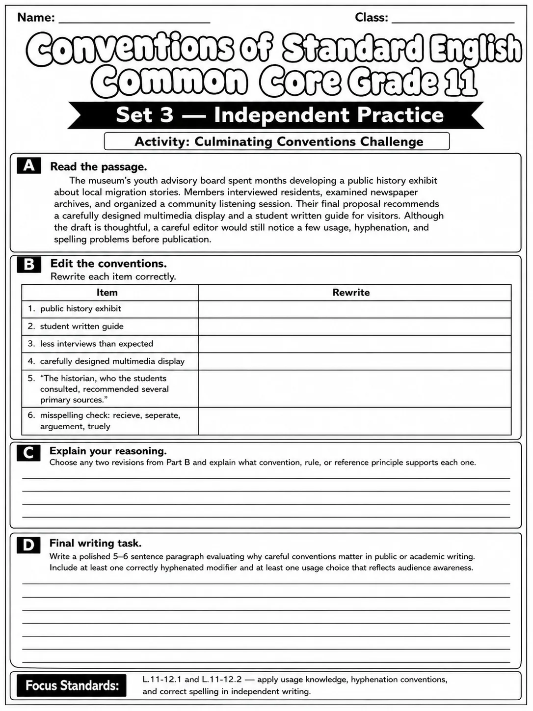 Conventions of Standard English Common Core Grade 11 page 10 printable Common Core ELA worksheet preview