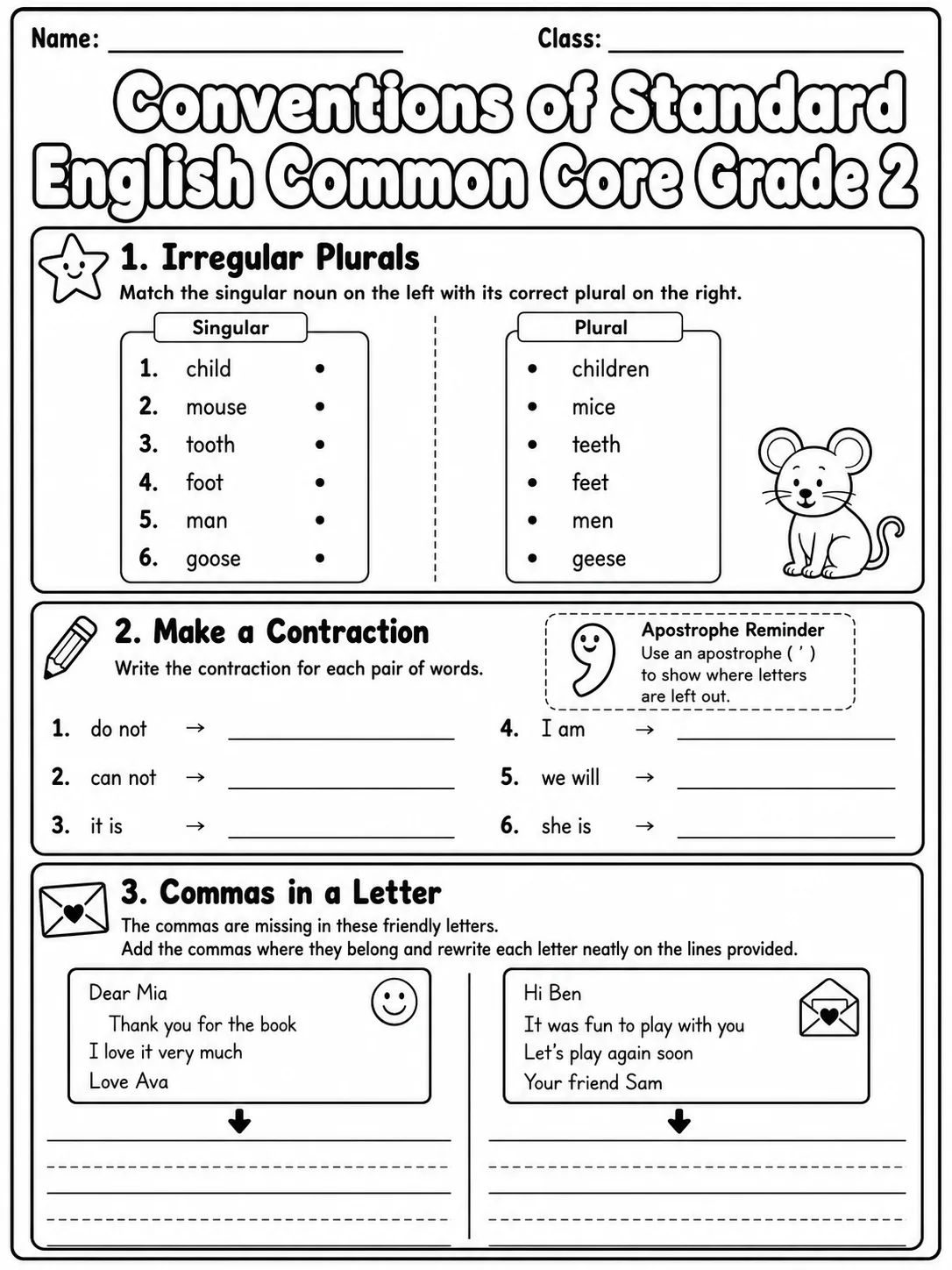 Conventions of Standard English Common Core Grade 2 page 2 printable Common Core ELA worksheet preview