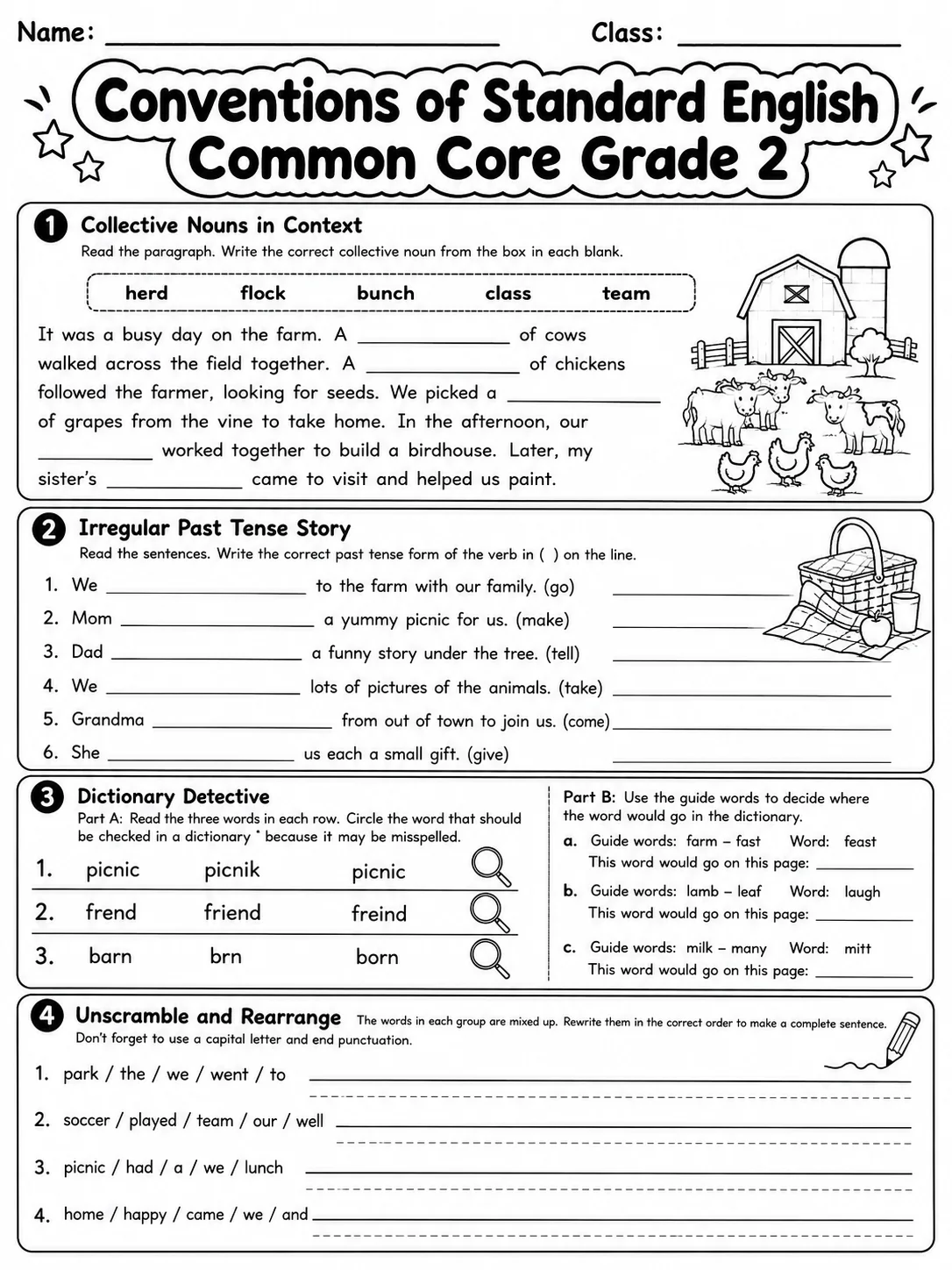Conventions of Standard English Common Core Grade 2 page 6 printable Common Core ELA worksheet preview