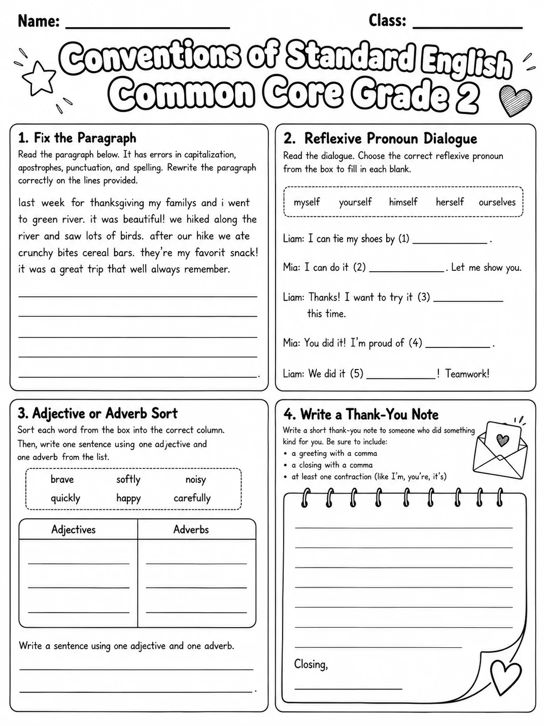 Conventions of Standard English Common Core Grade 2 page 7 printable Common Core ELA worksheet preview