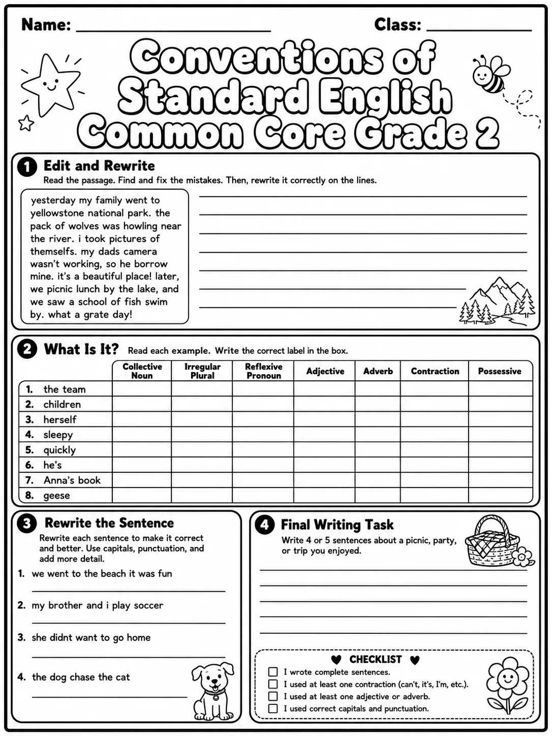 Conventions of Standard English Common Core Grade 2 page 10 printable Common Core ELA worksheet preview