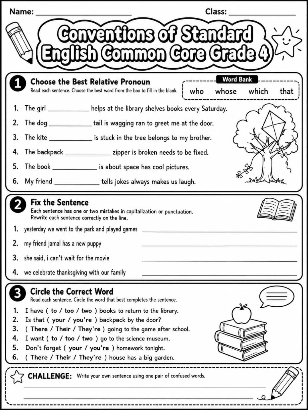Conventions of Standard English Common Core Grade 4 printable Common Core ELA Grade 4 worksheet preview from KiwiBee