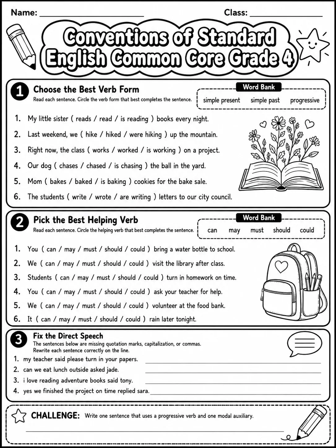 Conventions of Standard English Common Core Grade 4 page 2 printable Common Core ELA worksheet preview