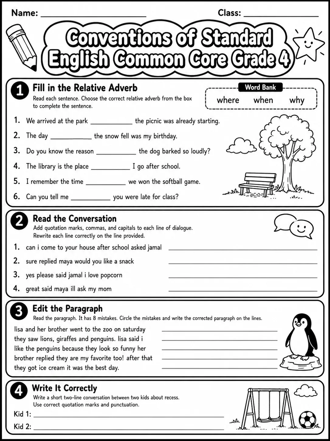 Conventions of Standard English Common Core Grade 4 page 5 printable Common Core ELA worksheet preview