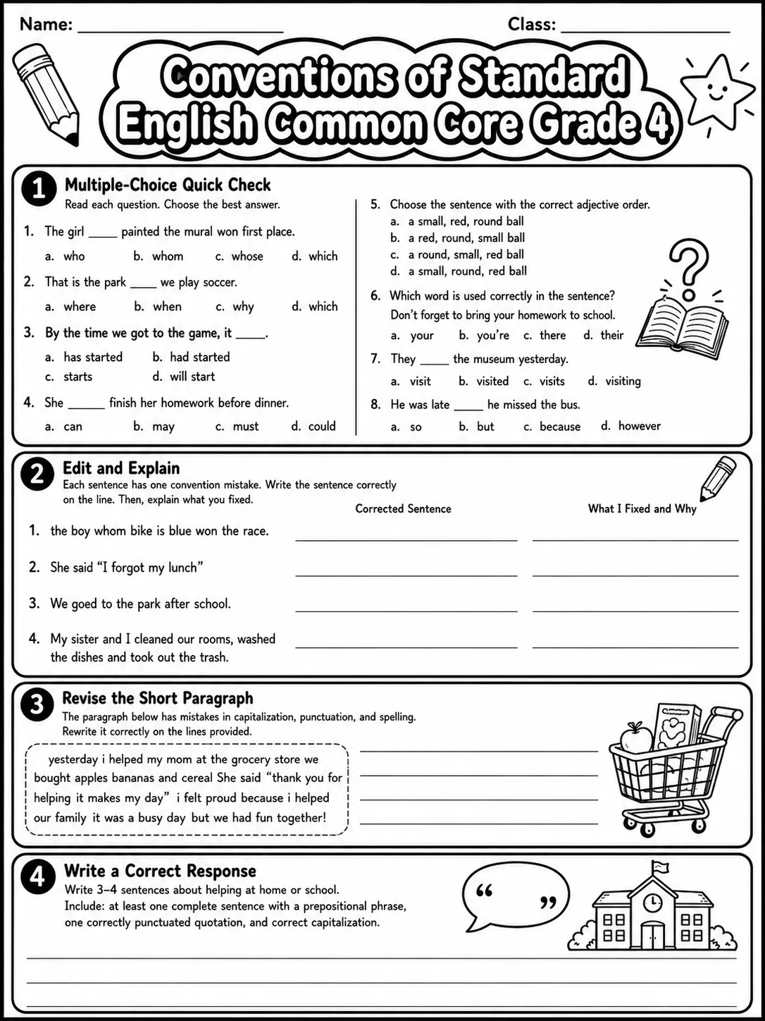 Conventions of Standard English Common Core Grade 4 page 9 printable Common Core ELA worksheet preview