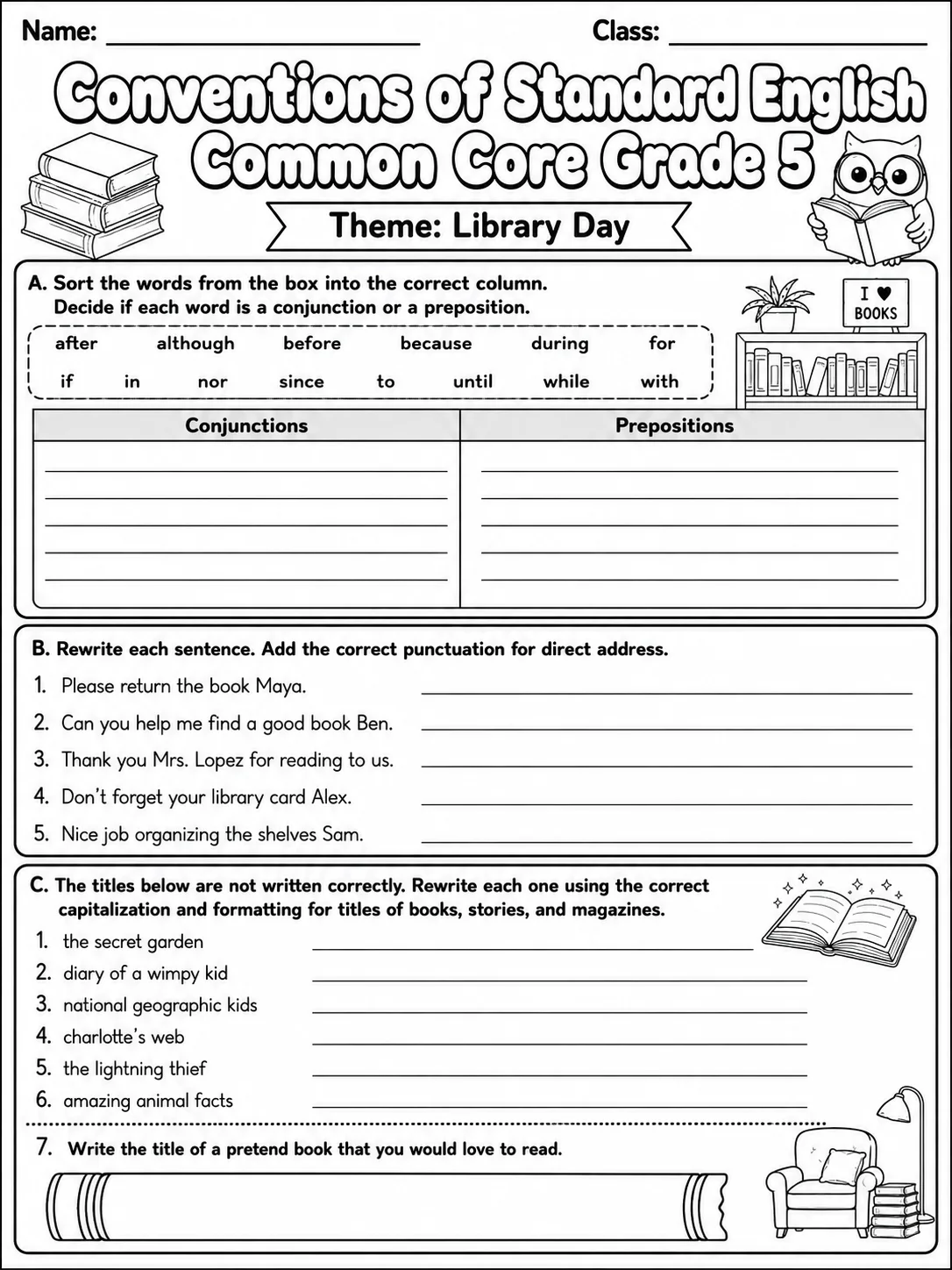 Conventions of Standard English Common Core Grade 5 page 2 printable Common Core ELA worksheet preview