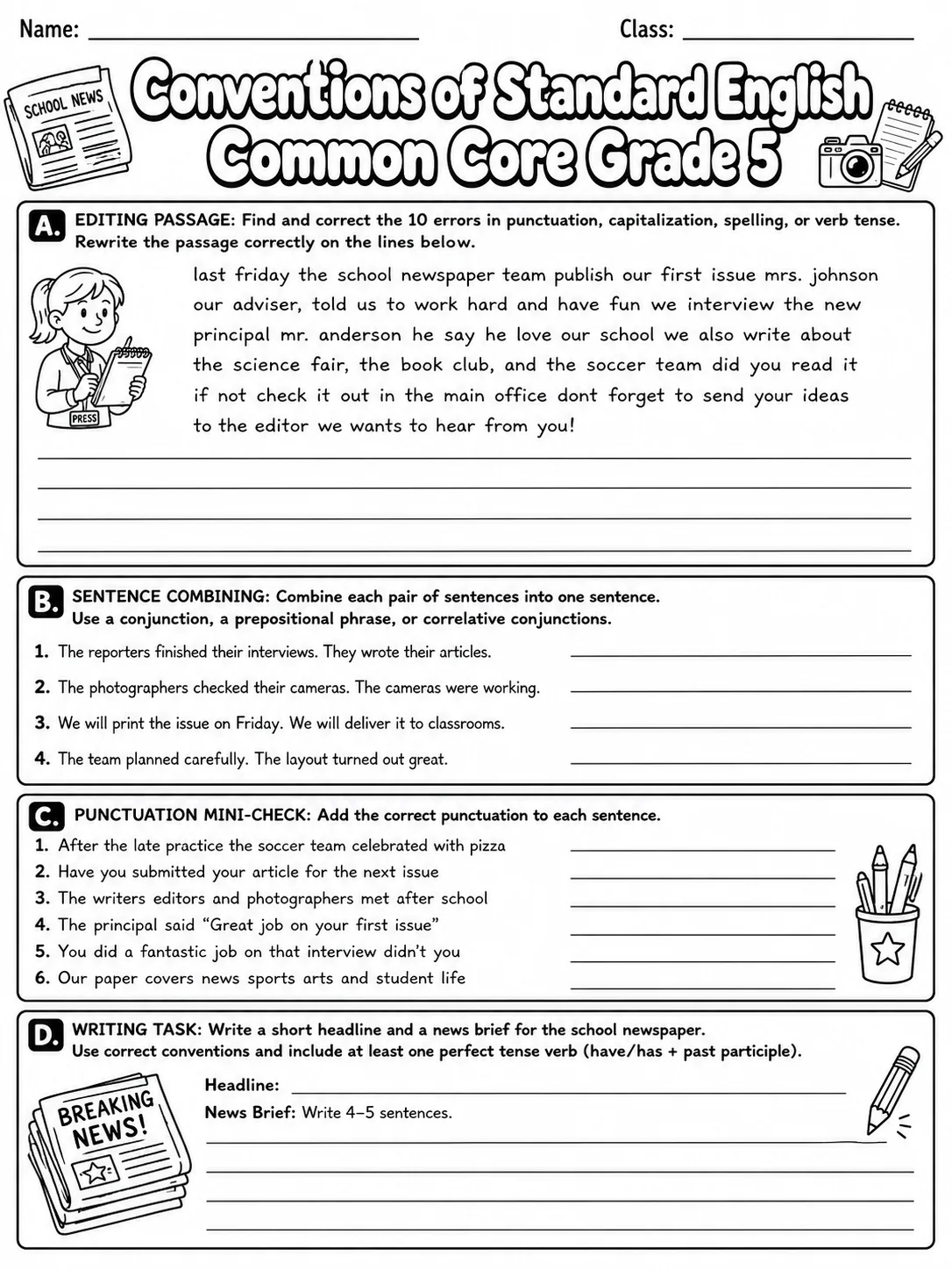 Conventions of Standard English Common Core Grade 5 page 9 printable Common Core ELA worksheet preview