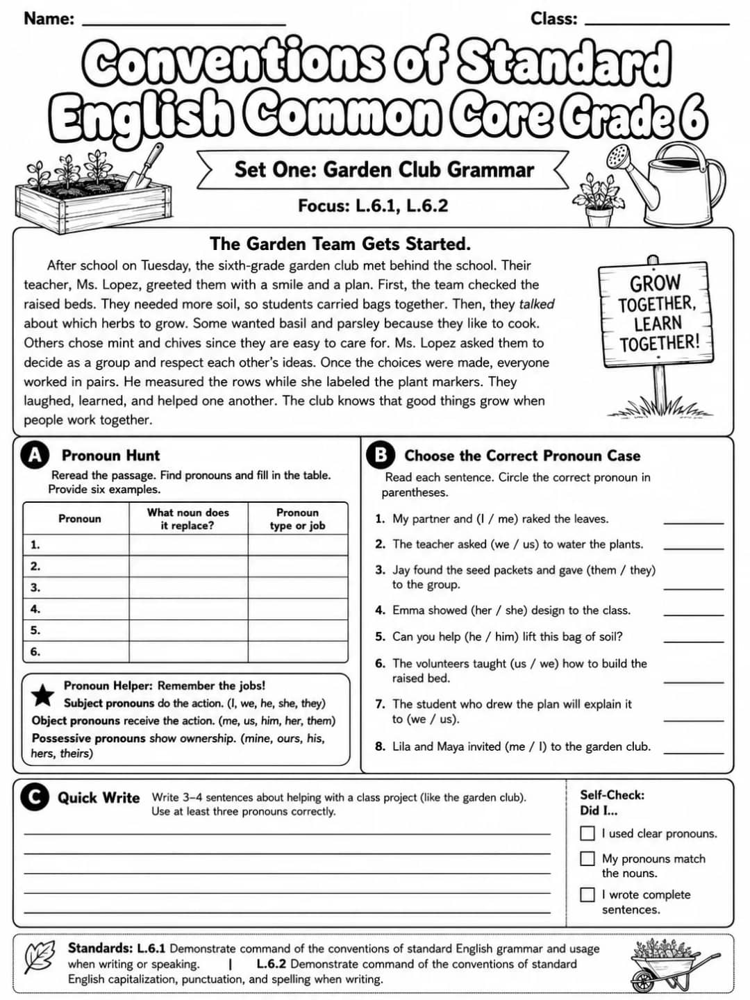 Conventions of Standard English Common Core Grade 6 printable Common Core ELA Grade 6 worksheet preview from KiwiBee