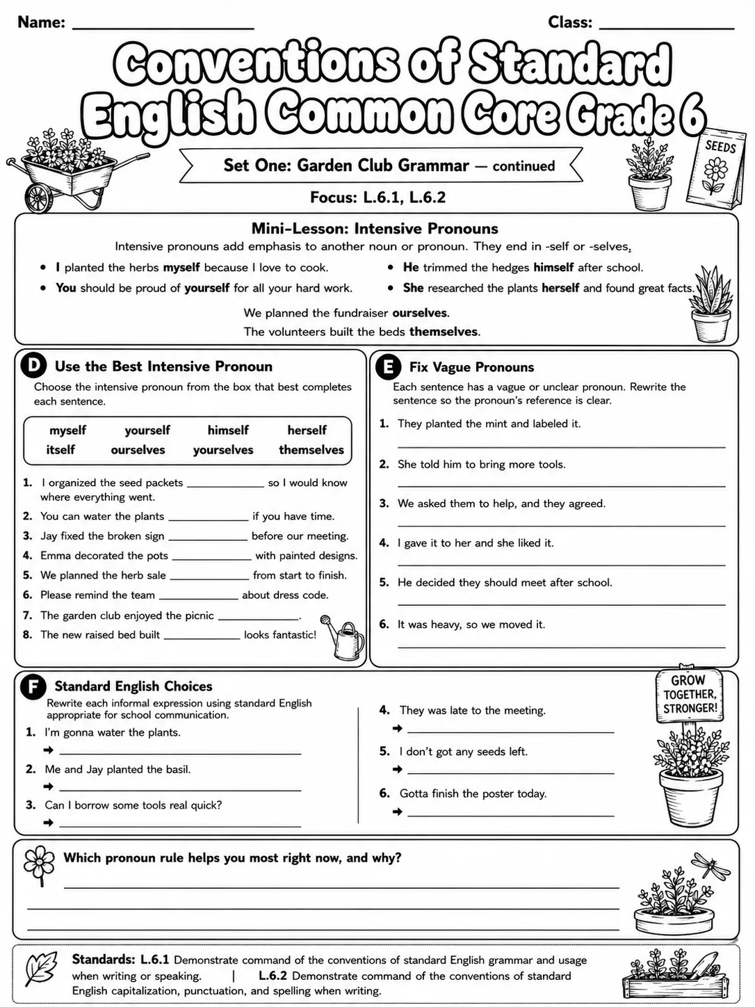 Conventions of Standard English Common Core Grade 6 page 2 printable Common Core ELA worksheet preview