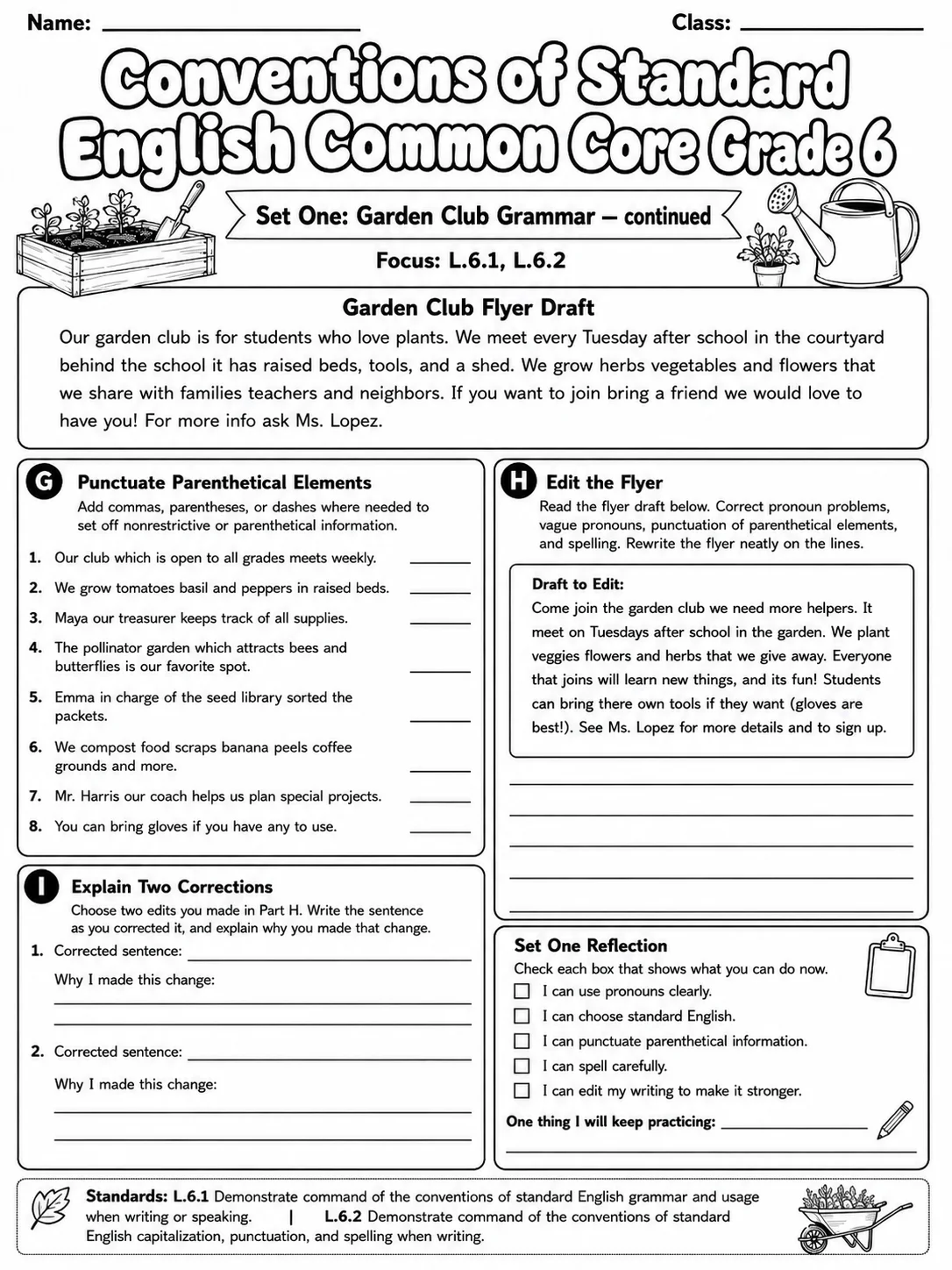 Conventions of Standard English Common Core Grade 6 page 3 printable Common Core ELA worksheet preview