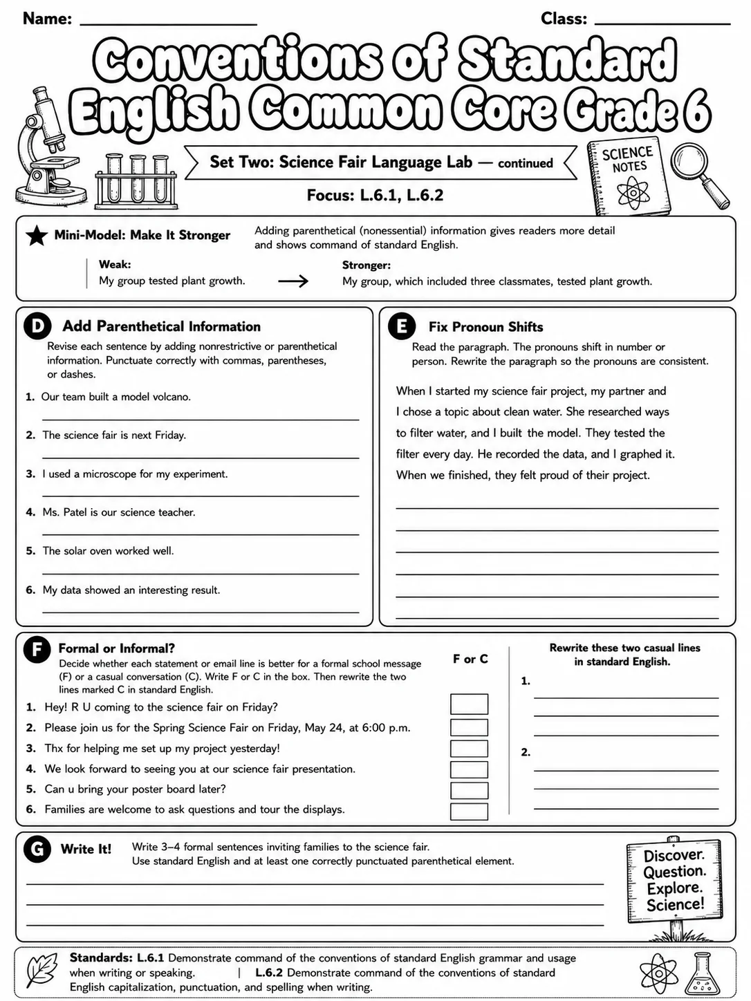 Conventions of Standard English Common Core Grade 6 page 5 printable Common Core ELA worksheet preview