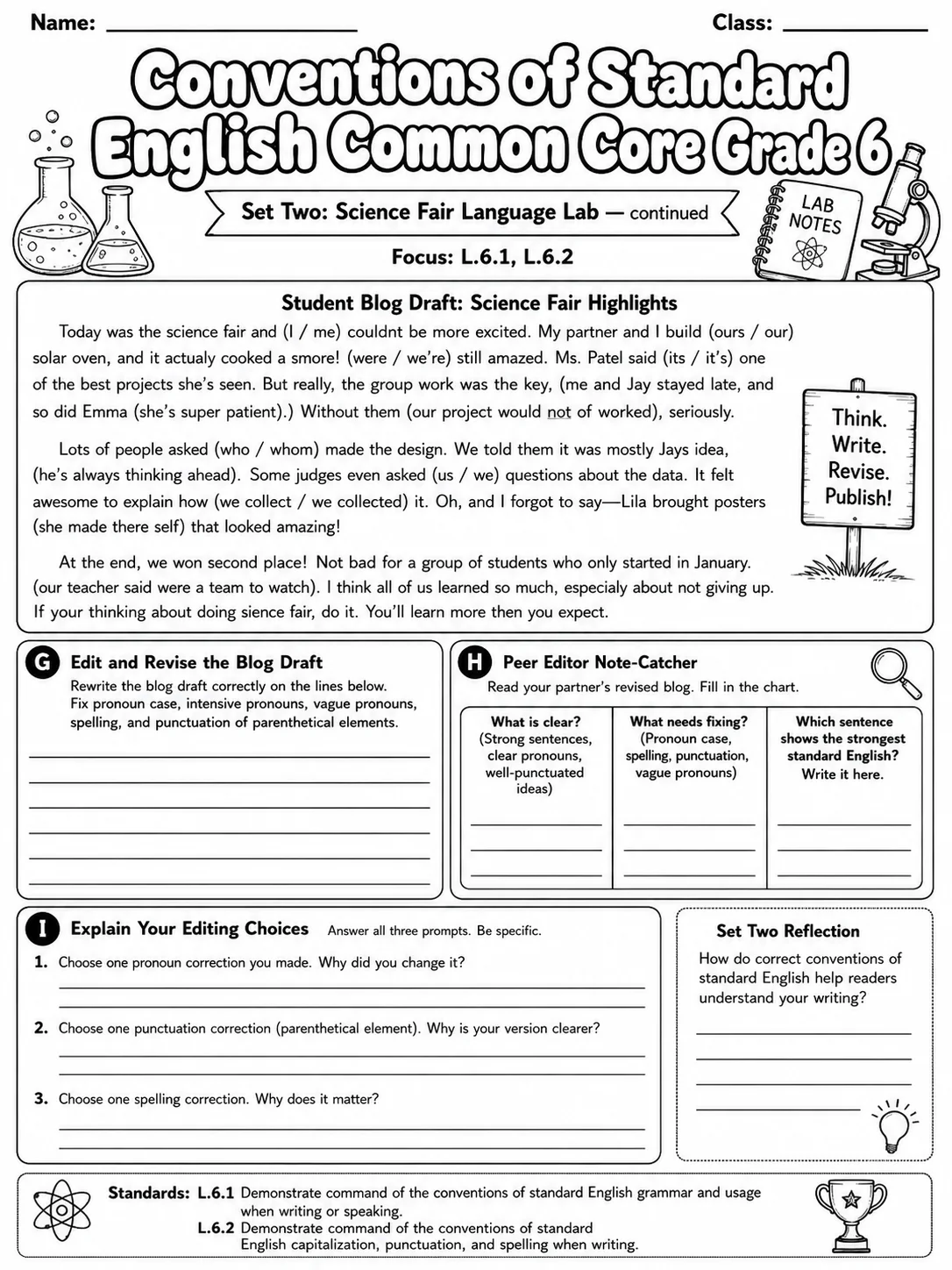Conventions of Standard English Common Core Grade 6 page 6 printable Common Core ELA worksheet preview