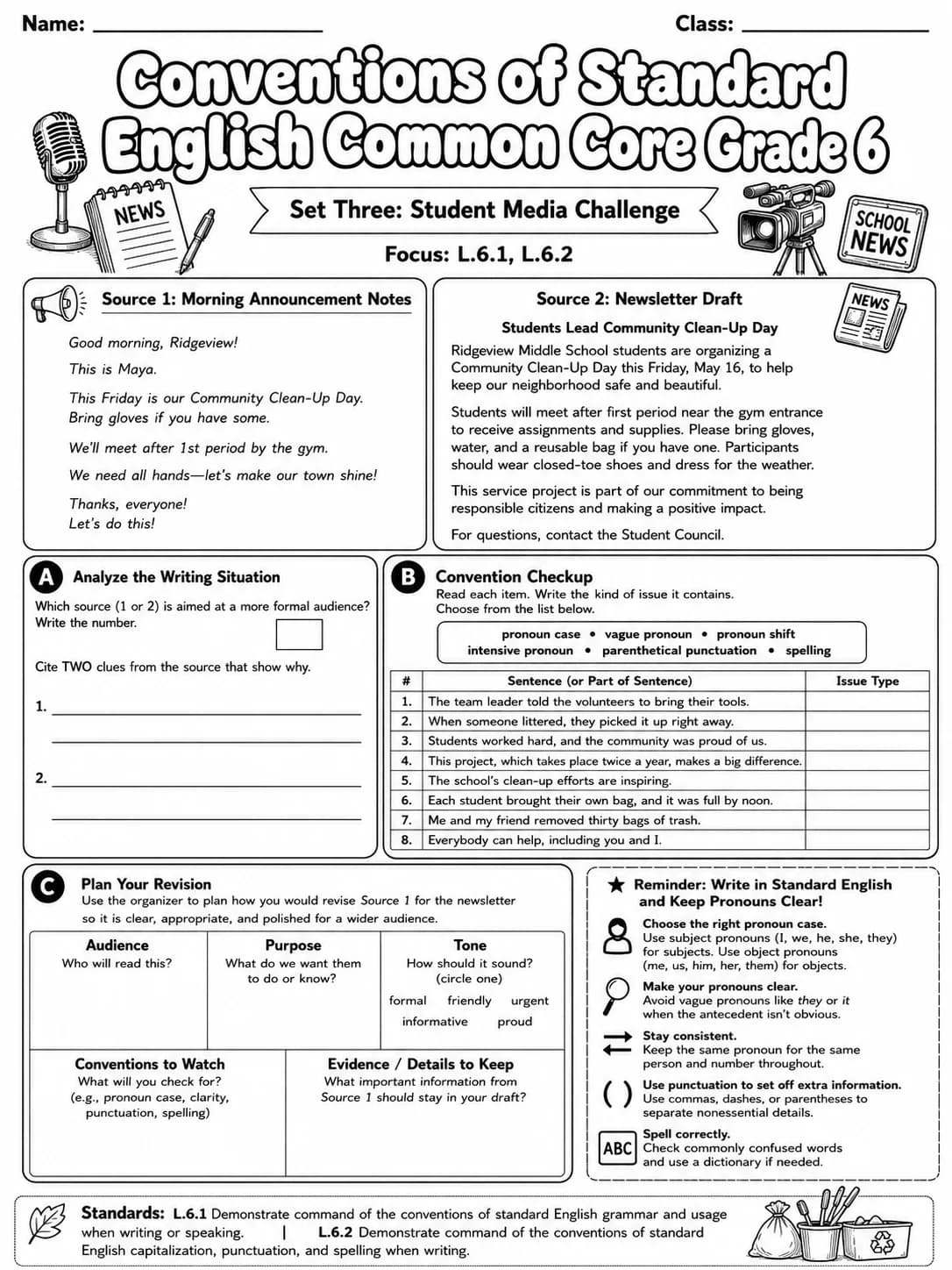 Conventions of Standard English Common Core Grade 6 page 7 printable Common Core ELA worksheet preview
