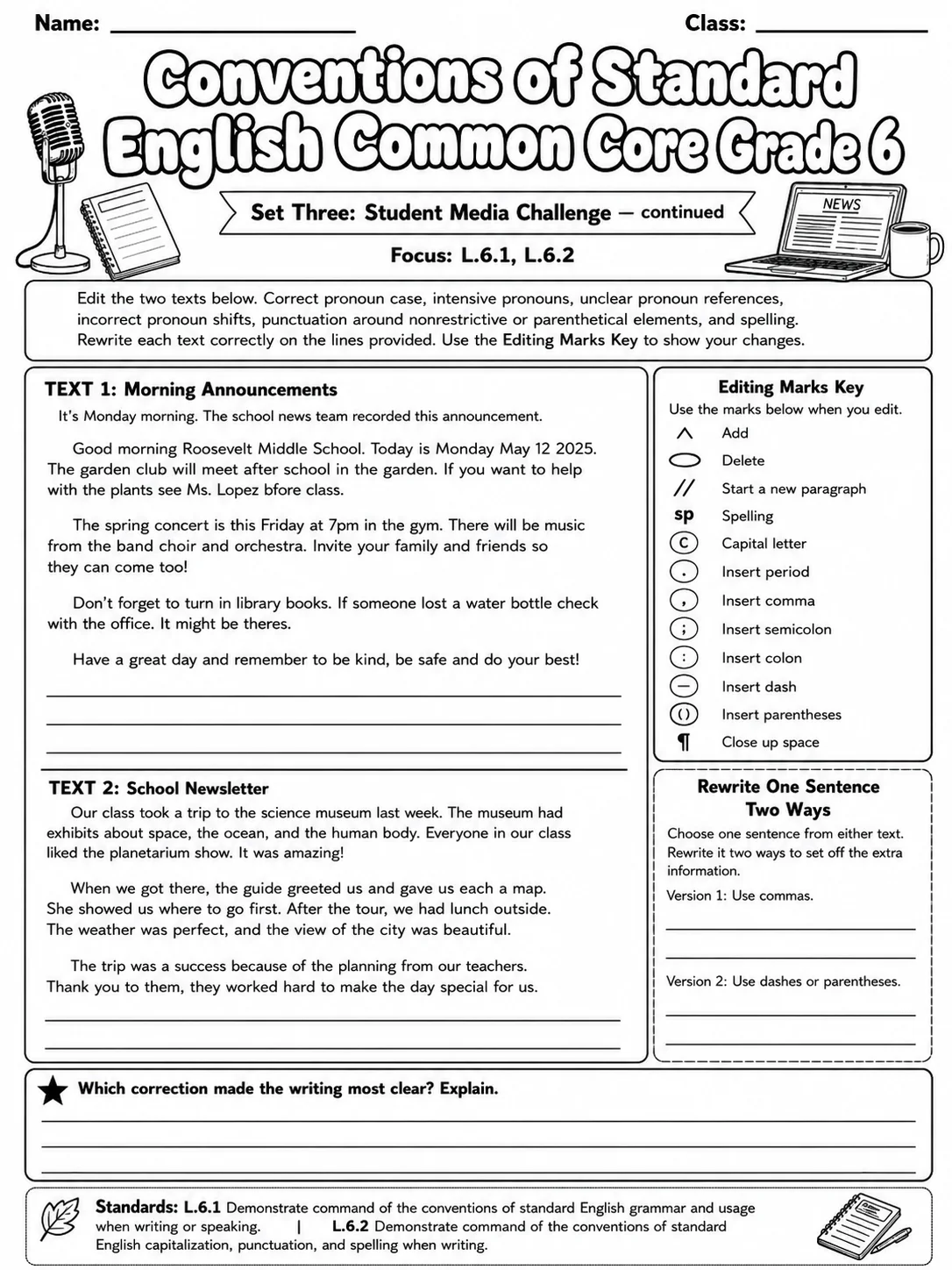 Conventions of Standard English Common Core Grade 6 page 8 printable Common Core ELA worksheet preview