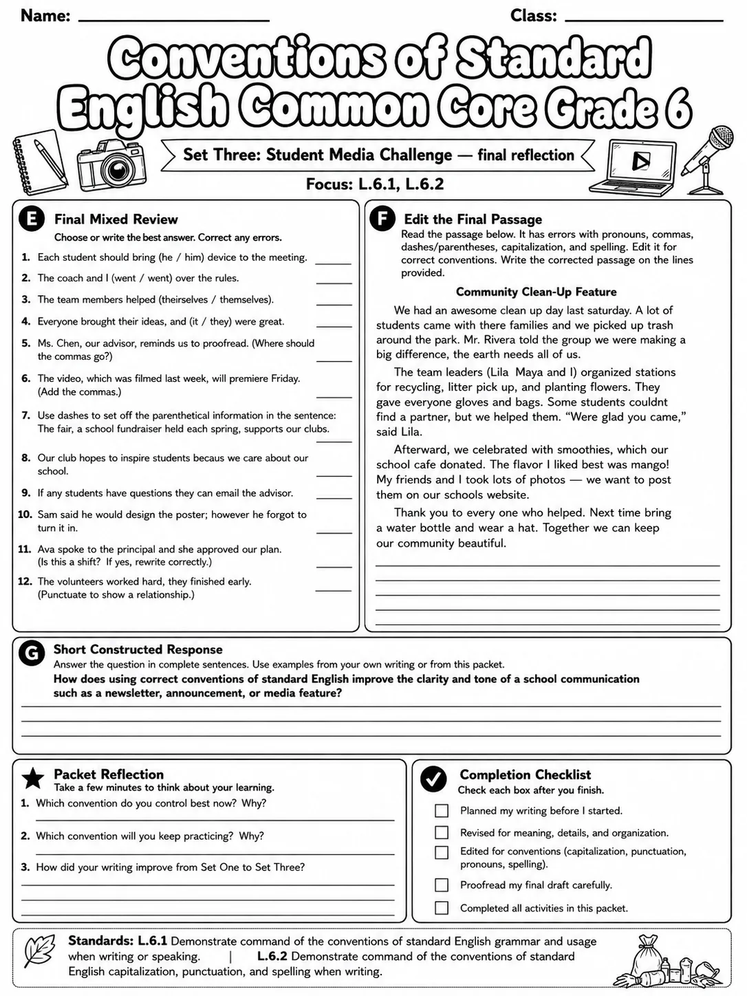Conventions of Standard English Common Core Grade 6 page 10 printable Common Core ELA worksheet preview