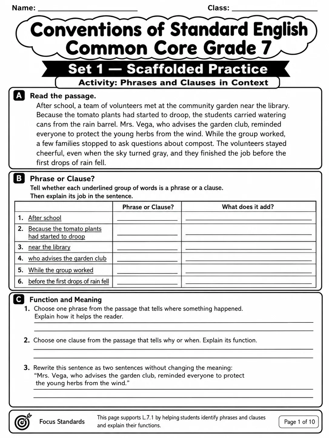 Conventions of Standard English Common Core Grade 7 printable Common Core ELA Grade 7 worksheet preview from KiwiBee