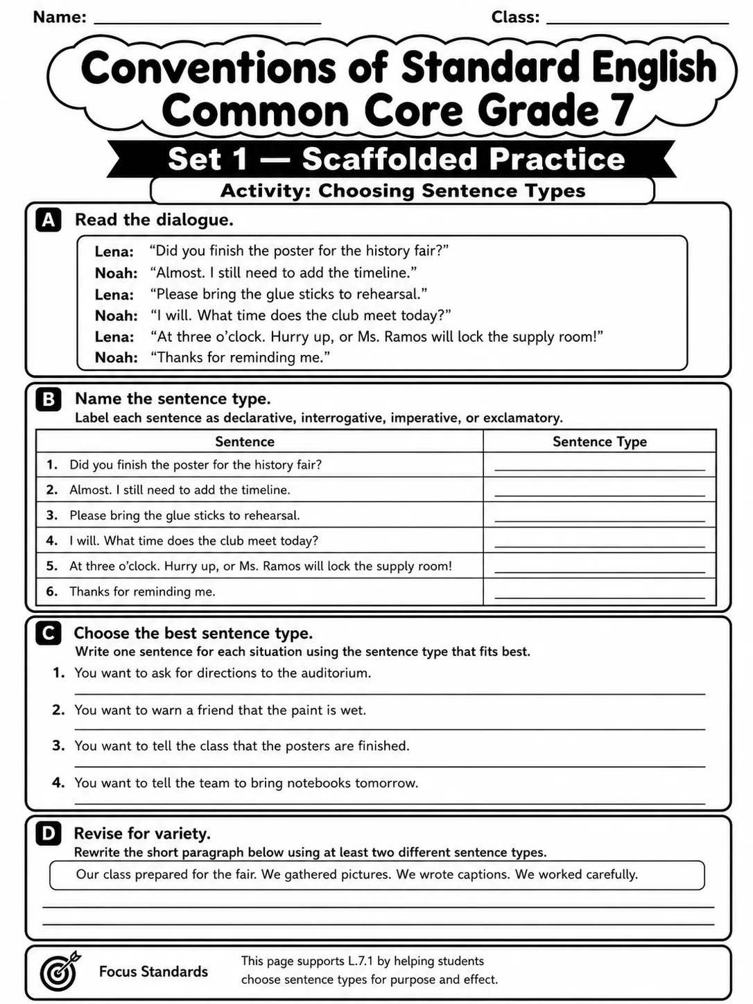Conventions of Standard English Common Core Grade 7 page 2 printable Common Core ELA worksheet preview