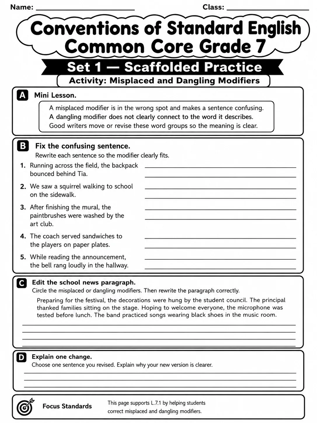 Conventions of Standard English Common Core Grade 7 page 3 printable Common Core ELA worksheet preview