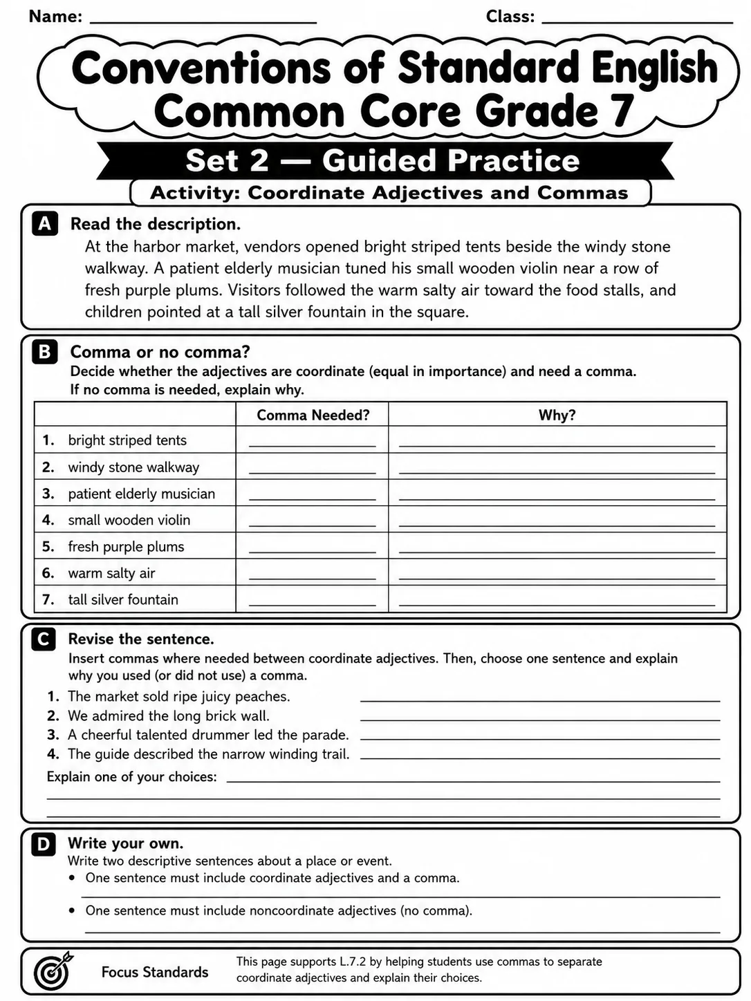 Conventions of Standard English Common Core Grade 7 page 4 printable Common Core ELA worksheet preview