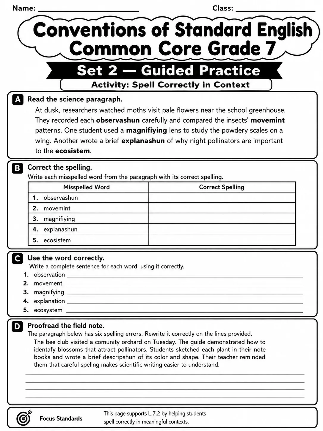 Conventions of Standard English Common Core Grade 7 page 5 printable Common Core ELA worksheet preview