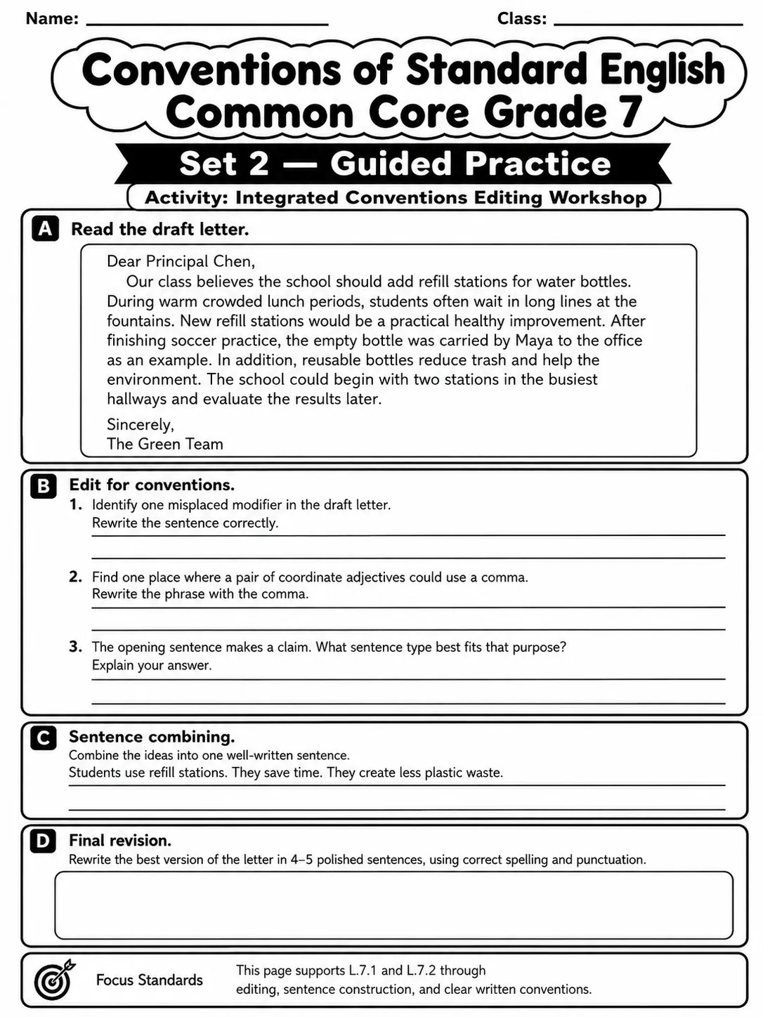 Conventions of Standard English Common Core Grade 7 page 6 printable Common Core ELA worksheet preview