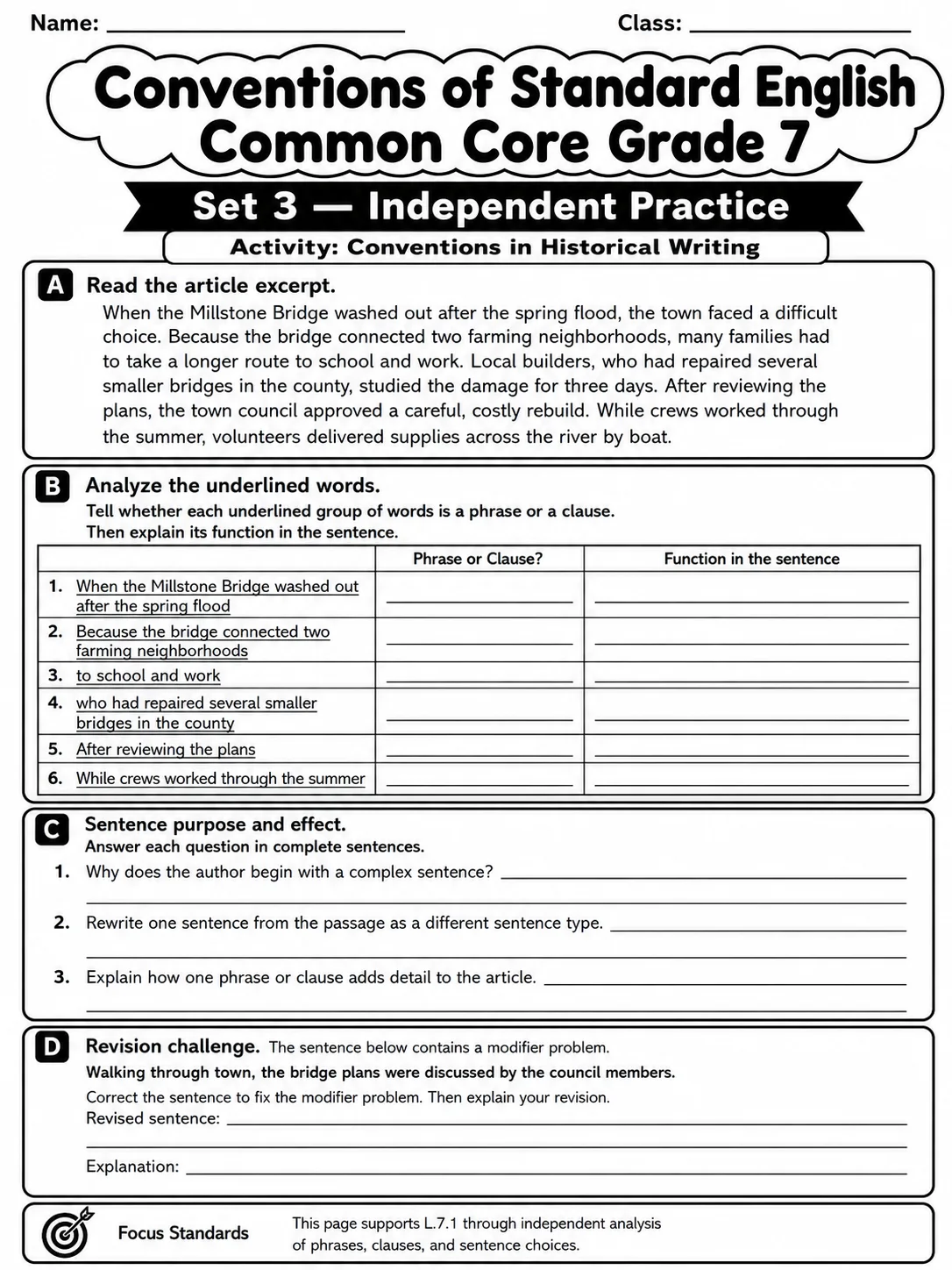 Conventions of Standard English Common Core Grade 7 page 7 printable Common Core ELA worksheet preview