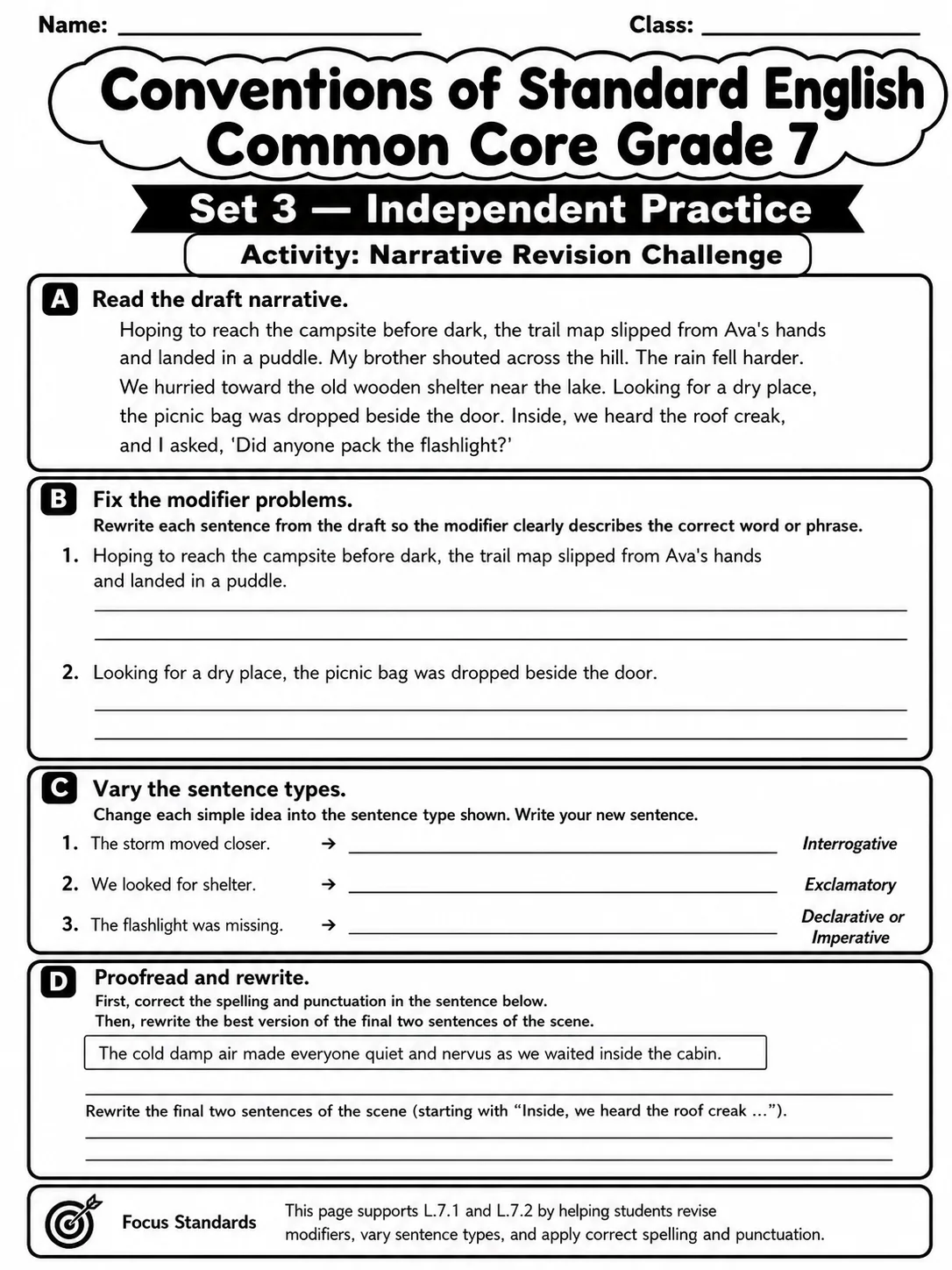 Conventions of Standard English Common Core Grade 7 page 8 printable Common Core ELA worksheet preview
