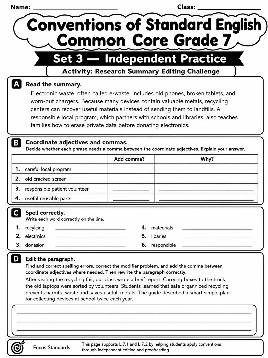 Conventions of Standard English Common Core Grade 7 page 9 printable Common Core ELA worksheet preview