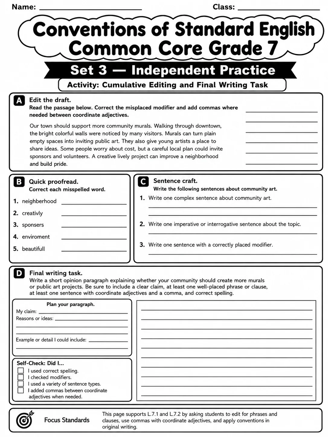 Conventions of Standard English Common Core Grade 7 page 10 printable Common Core ELA worksheet preview