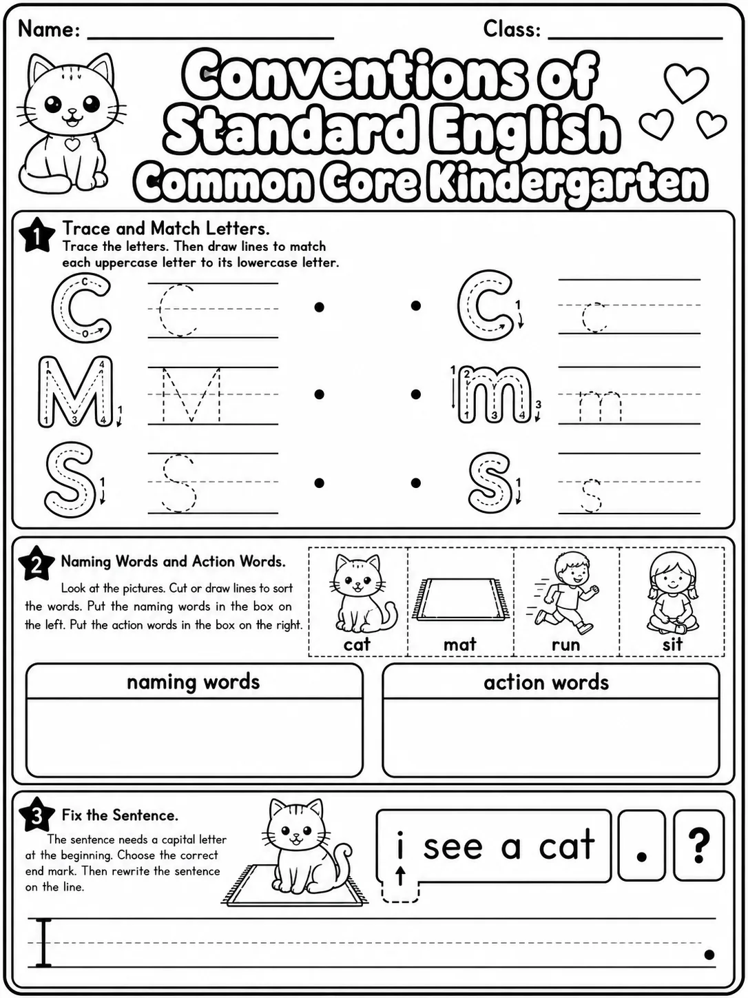 Conventions of Standard English Common Core Kindergarten printable Common Core ELA Kindergarten worksheet preview from KiwiBee