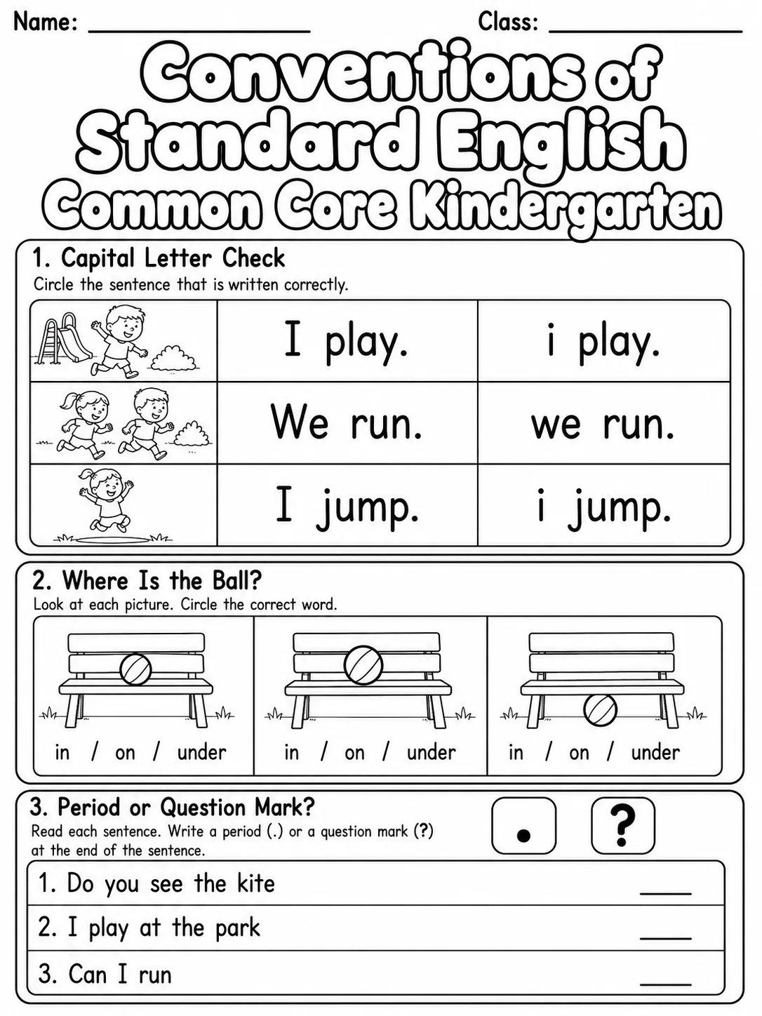 Conventions of Standard English Common Core Kindergarten page 2 printable Common Core ELA worksheet preview