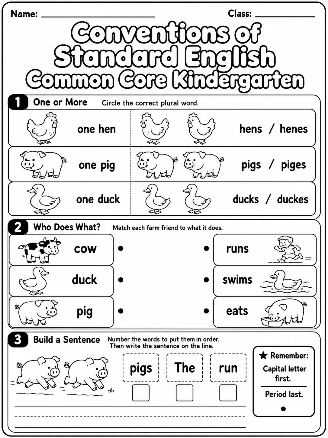 Conventions of Standard English Common Core Kindergarten page 3 printable Common Core ELA worksheet preview