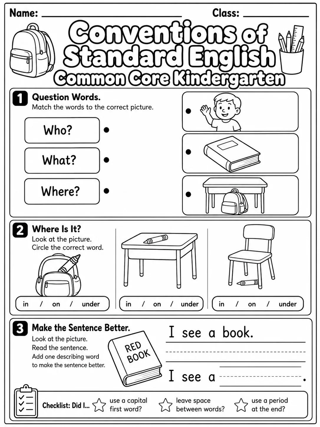 Conventions of Standard English Common Core Kindergarten page 4 printable Common Core ELA worksheet preview