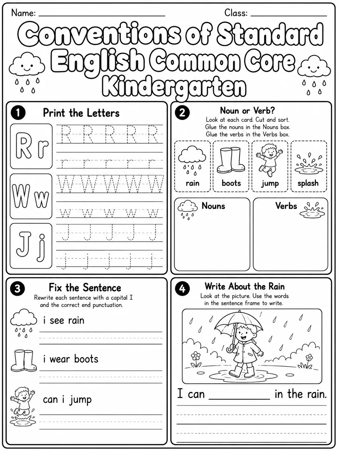 Conventions of Standard English Common Core Kindergarten page 5 printable Common Core ELA worksheet preview