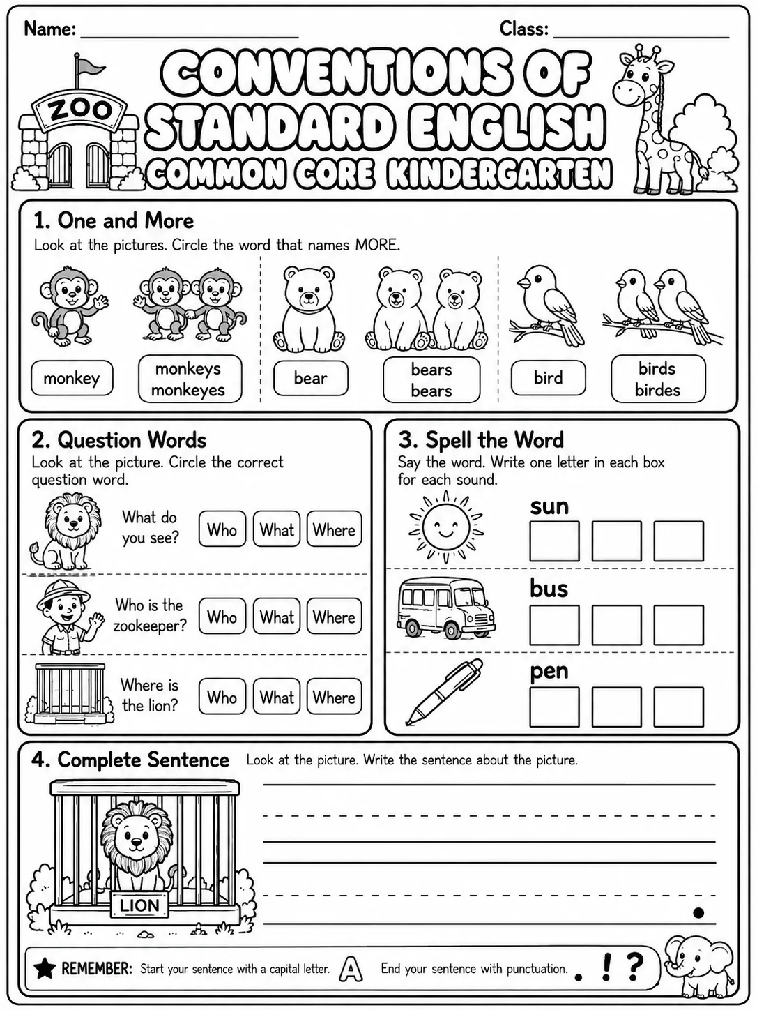 Conventions of Standard English Common Core Kindergarten page 6 printable Common Core ELA worksheet preview