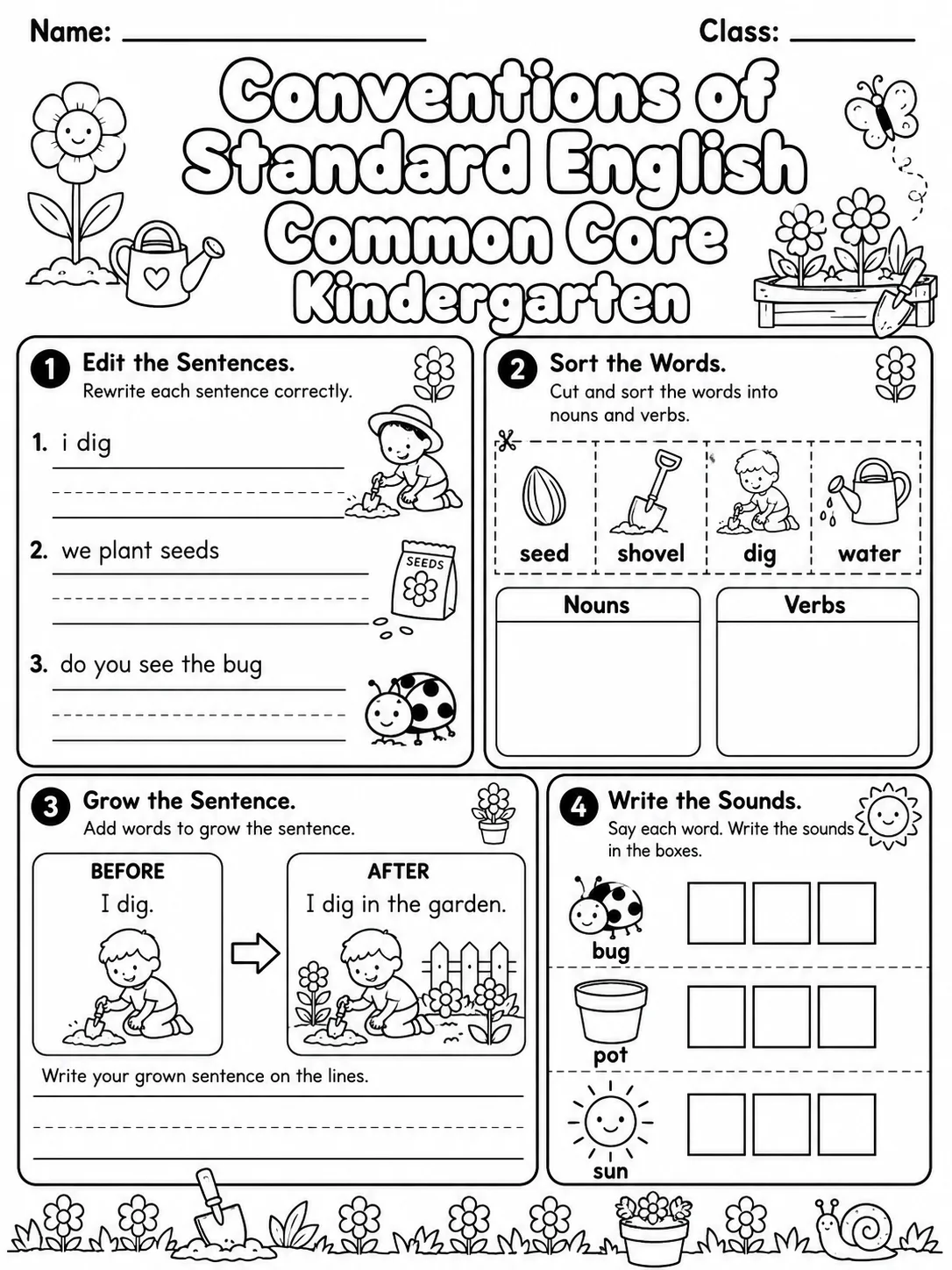 Conventions of Standard English Common Core Kindergarten page 7 printable Common Core ELA worksheet preview