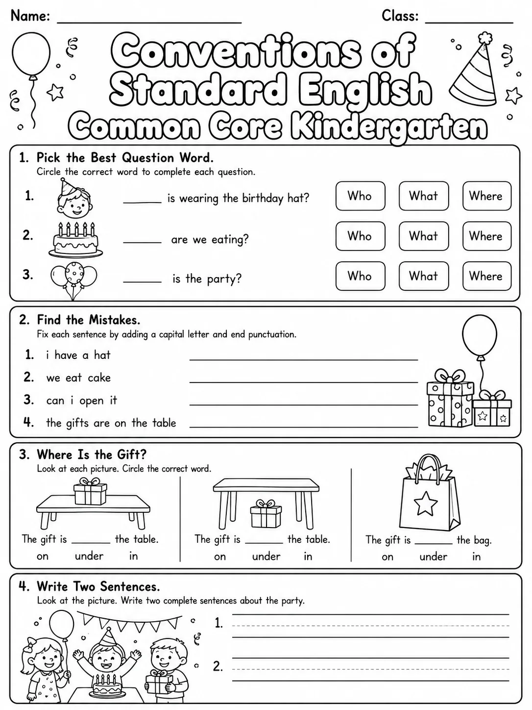 Conventions of Standard English Common Core Kindergarten page 8 printable Common Core ELA worksheet preview