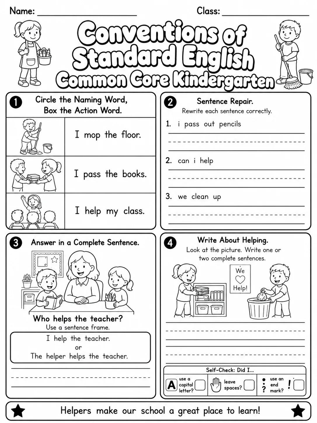 Conventions of Standard English Common Core Kindergarten page 9 printable Common Core ELA worksheet preview