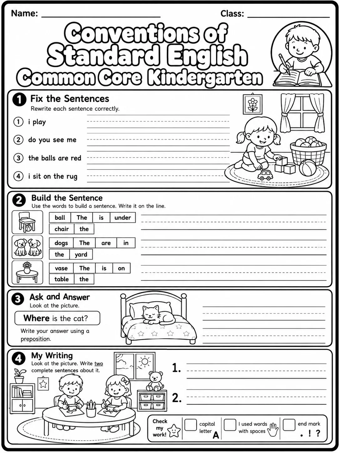 Conventions of Standard English Common Core Kindergarten page 10 printable Common Core ELA worksheet preview