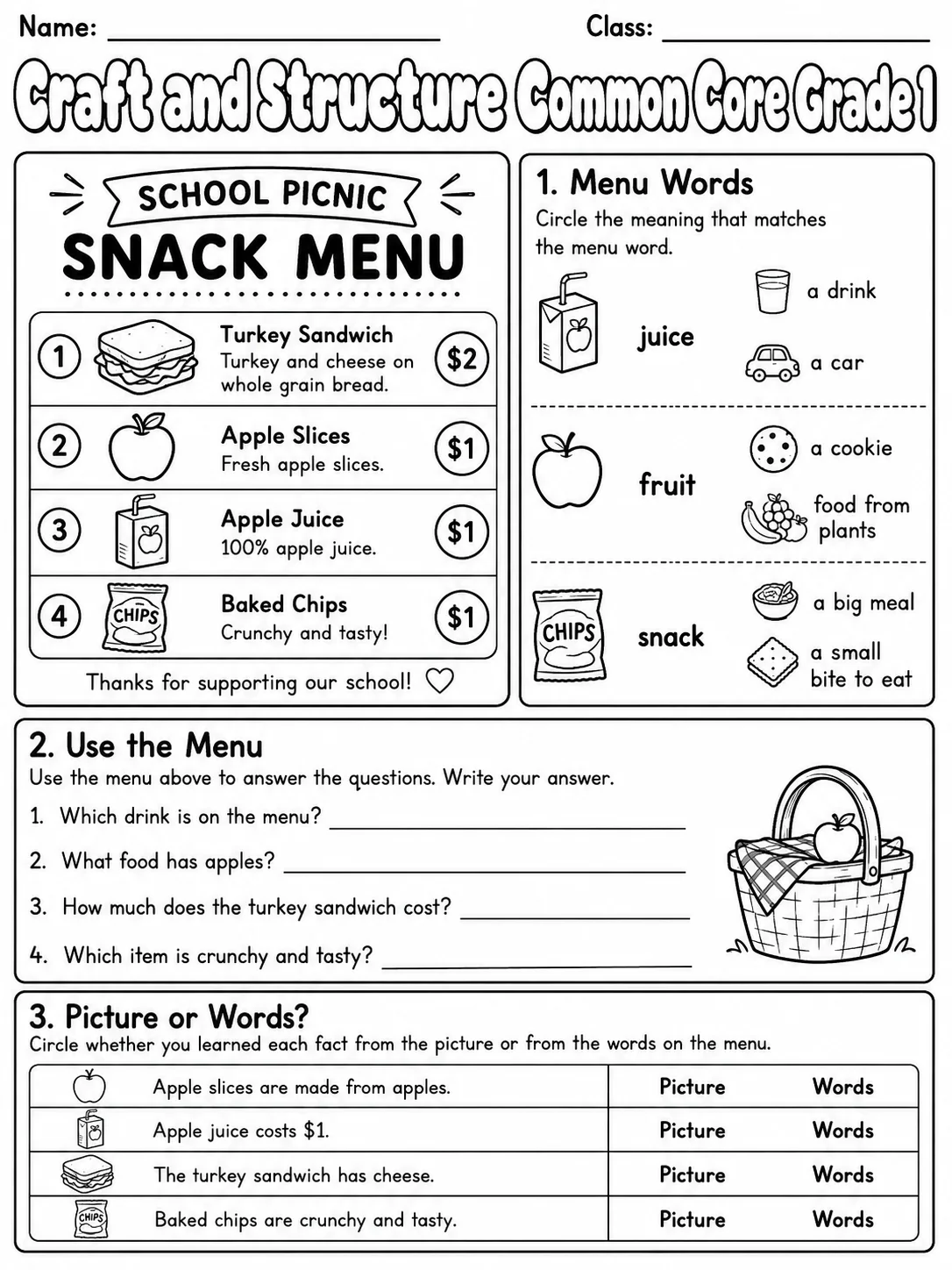 Craft and Structure Common Core Grade 1 page 2 printable Common Core ELA worksheet preview