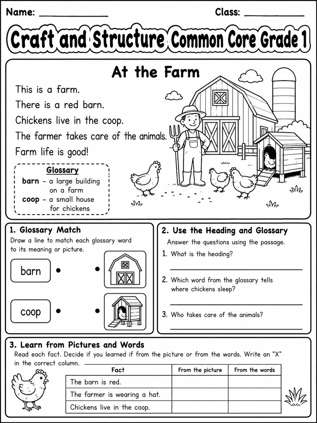 Craft and Structure Common Core Grade 1 page 3 printable Common Core ELA worksheet preview