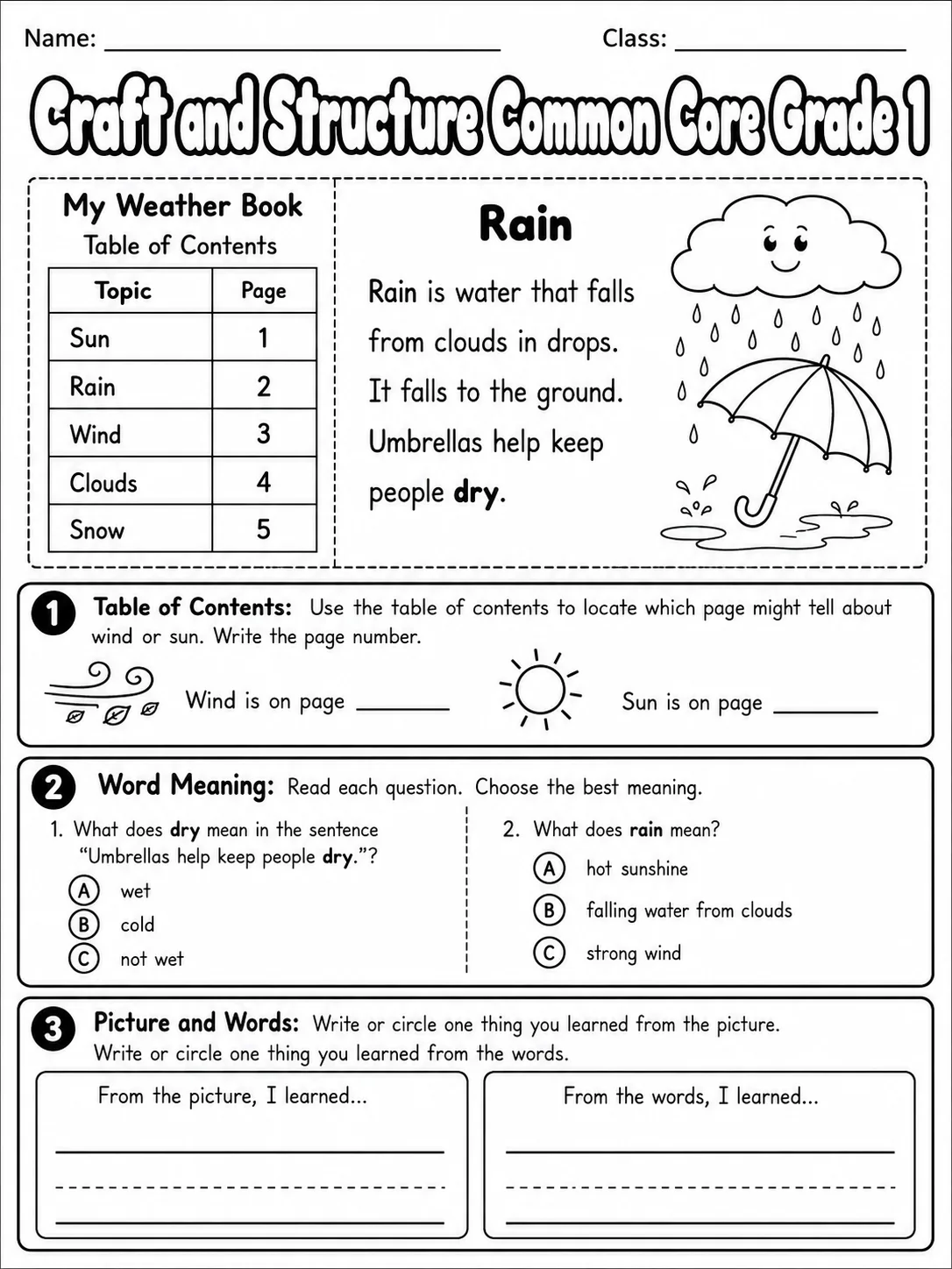 Craft and Structure Common Core Grade 1 page 4 printable Common Core ELA worksheet preview